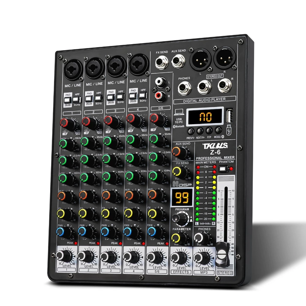 Mesa de som 4/6/8 canais Com Mixer 99 Efeitos audio mixer computador 48v Mp3 Bluetooth USB 110V/220V