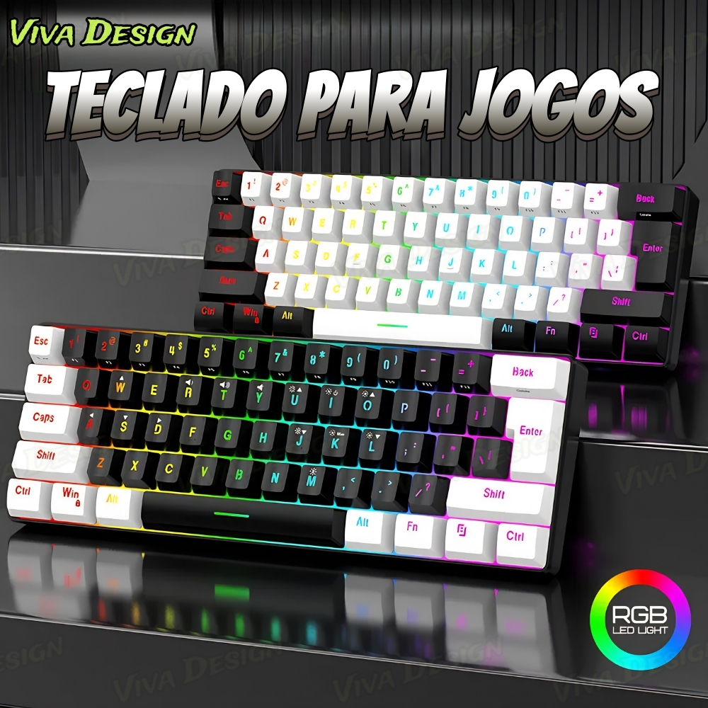 Teclado para jogos com fio 61-Key RGB Backlight Mini Compact USB-C Cabo de alimentação plugável Teclado de escritório