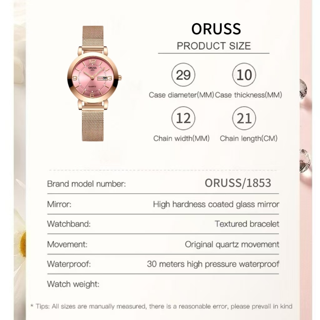ORUSS Original Feminino Calendário Duplo Aço Inoxidável Luxo Luminoso À Prova D 'Água Moda Rosa Pequeno Relógio Net Stra · foto 2