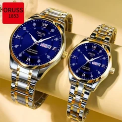 ORUSS Casal Original Calendário Duplo Aço Inoxidável Luminoso À Prova D 'Água Relógio de Luxo Moda Versão Coreana Relógi