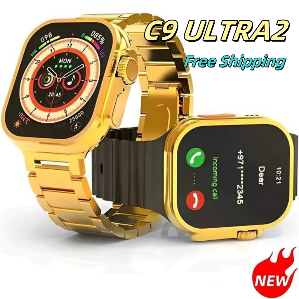 【With Golden strap】2026 Novo C9 Ultra MAX Gold Smart Watch Capacidade De Bateria Grande + Logon Facebook E WhatAPP