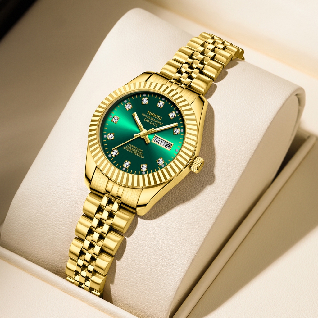 NIBOSI Relógio Feminino De Luxo Com Pulseira De Aço Inoxidável Dourada E Calendário De Quartzo À Prova D'água - Watches