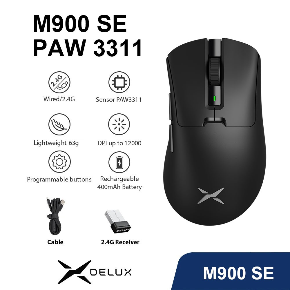 Delux M900 Se PAW3311 Mouse Para Jogos DPI MAX 12000 Com Fio 2.4G Sem Recarregável 63g Design Concentrado Em Massa PC/La