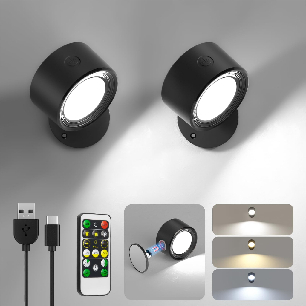2 Peças Concha de Parede LED Sem Fio Recarregável 360 ° Rotativo USB Alimentado com Controle Remoto
