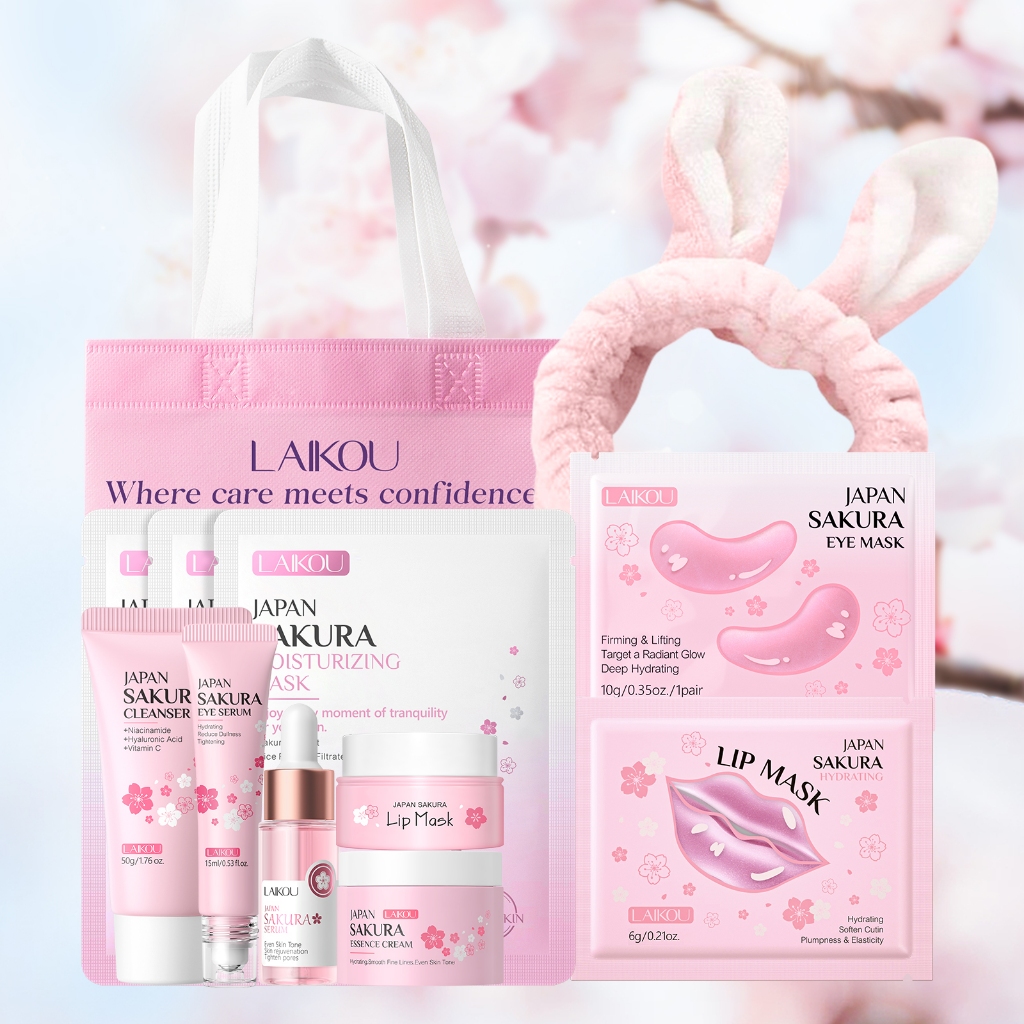 LAIKOU Sakura Conjunto De Cuidados Com A Pele De 7 Etapas Para Vidro E Brilho Rosado , Linhas Finas Suaves , Até Mesmo T
