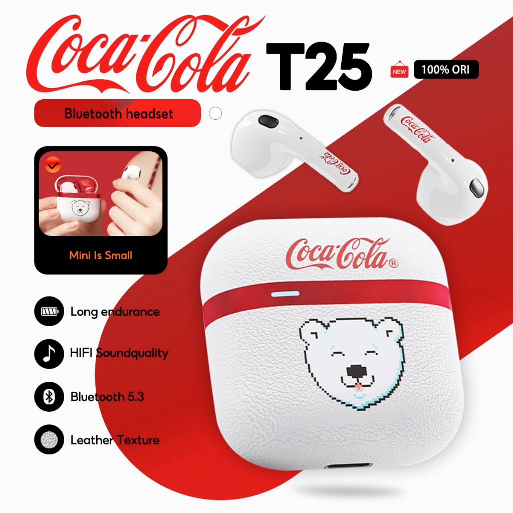 Coca-Cola T25 Fones De Ouvido Bluetooth Semi-in-Ear True Wireless Com Textura De Couro Para Esportes , Música E Jogos em Oferta na Shopee