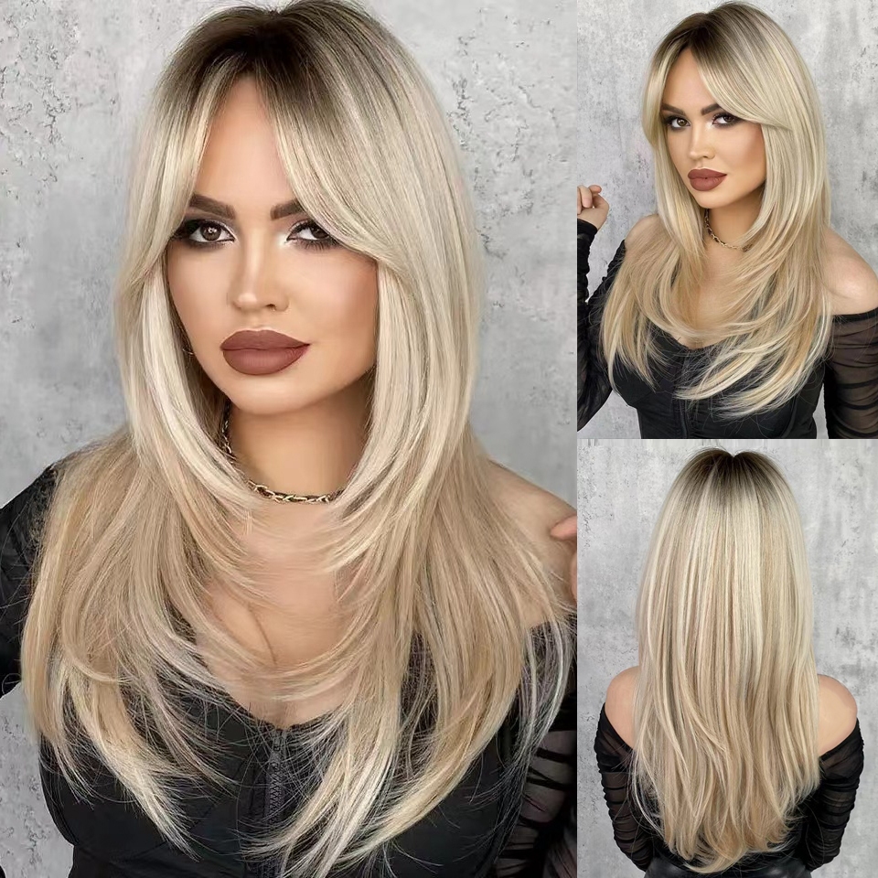 Peruca Loira Elegante Para Mulheres-Cabelo Sintético Longo E Encaracolado Multicamadas Com Raízes Escuras , Densidade De em Oferta na Shopee