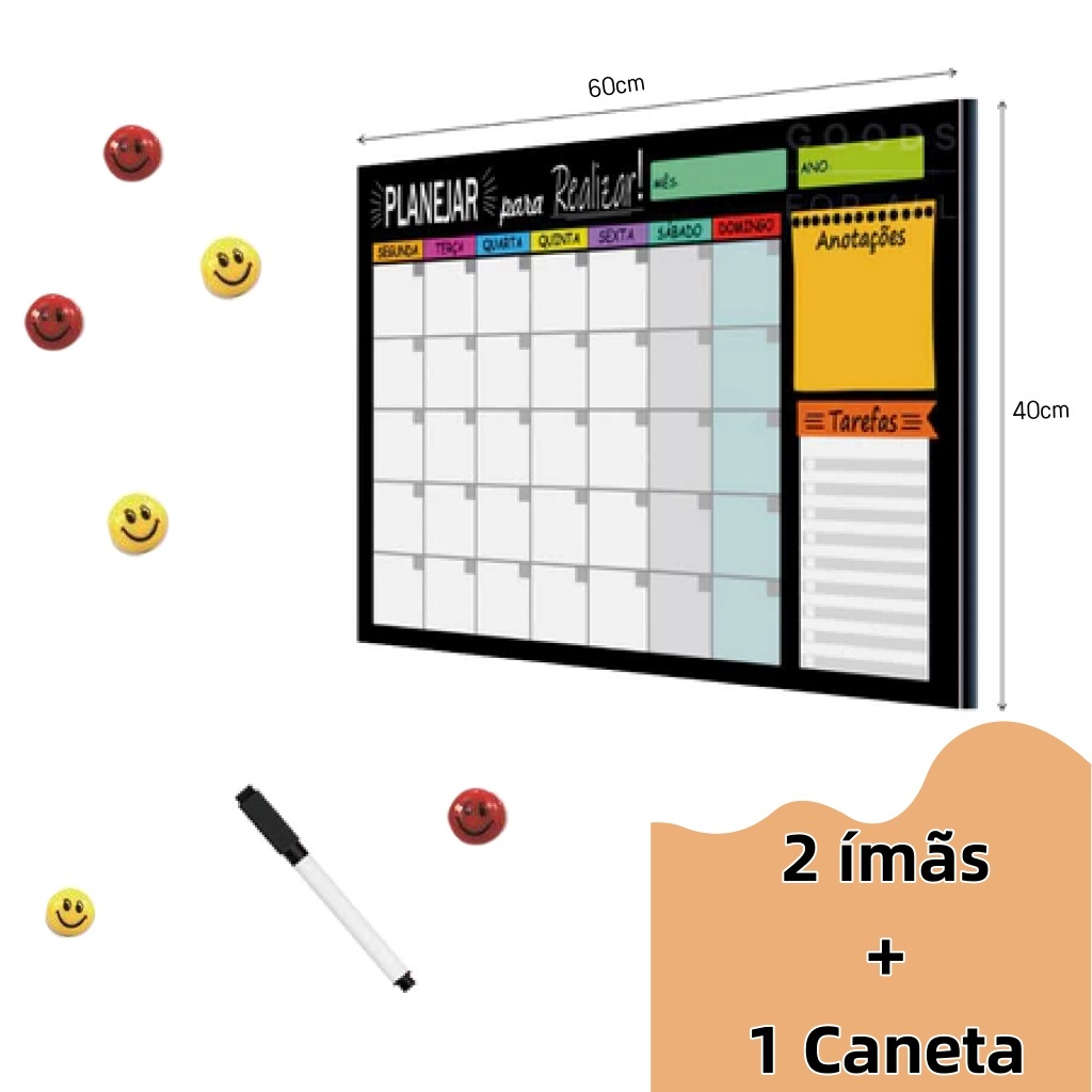 Quadro Lousa Planejador Mensal 40x60 Cm lindo +2 ímãs e 1 caneta com borracha em Oferta na Shopee