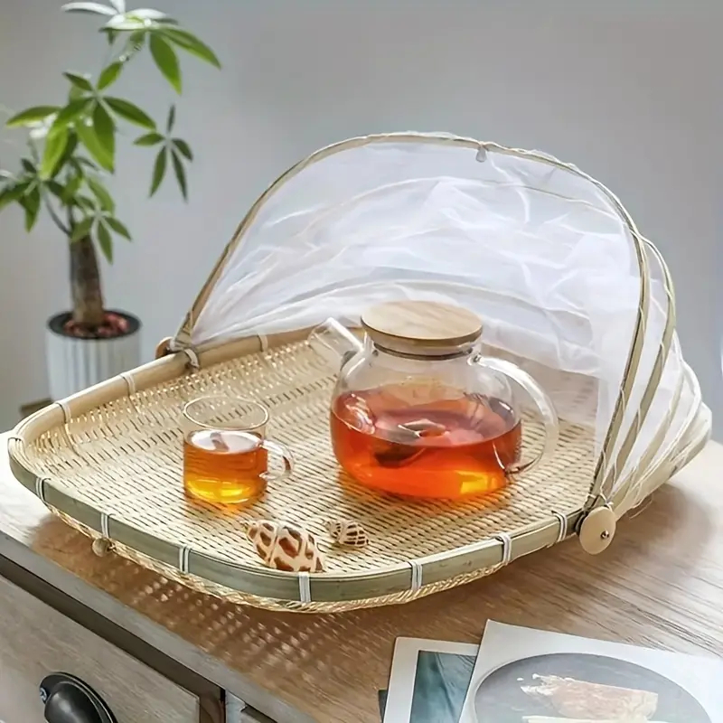Cesto Porta Pães Bolo Frutas Piquenique Bambu Cobertura Tela Retrátil Retângular