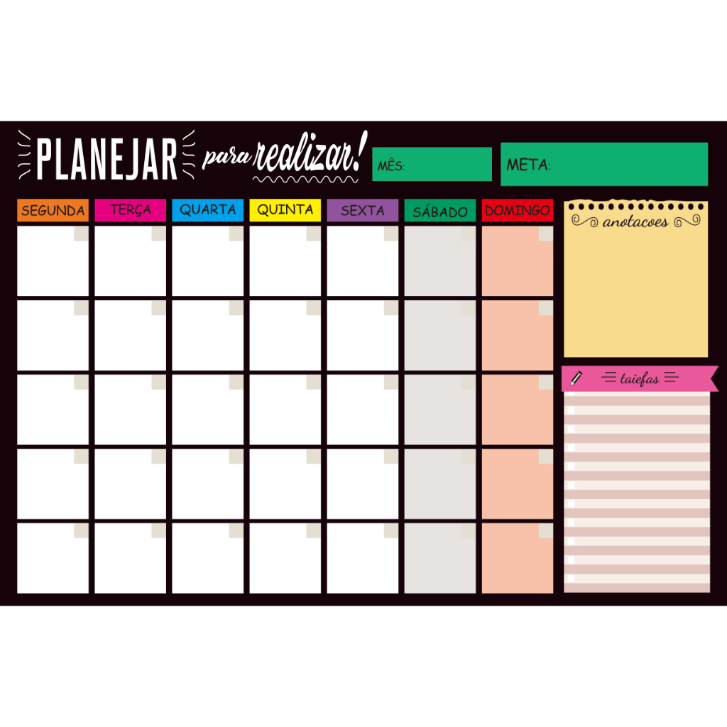 Quadro lousa Planejamento Mensal Planner 40x60 Metal