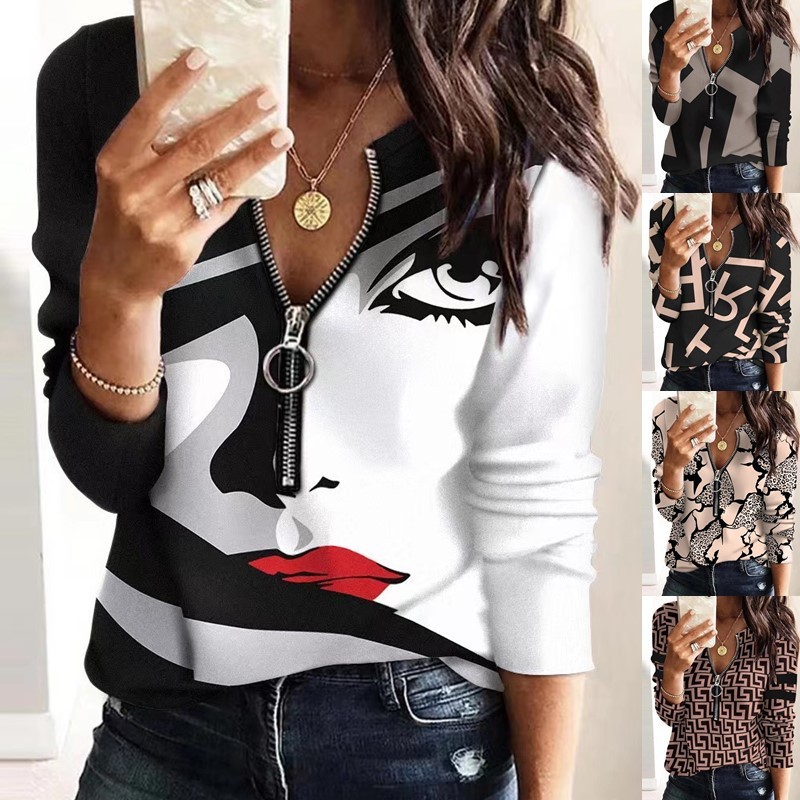 Moda Zíper Impresso Pescoço V Manga Longa Novo Casual Feminino 2023 Primavera Tops