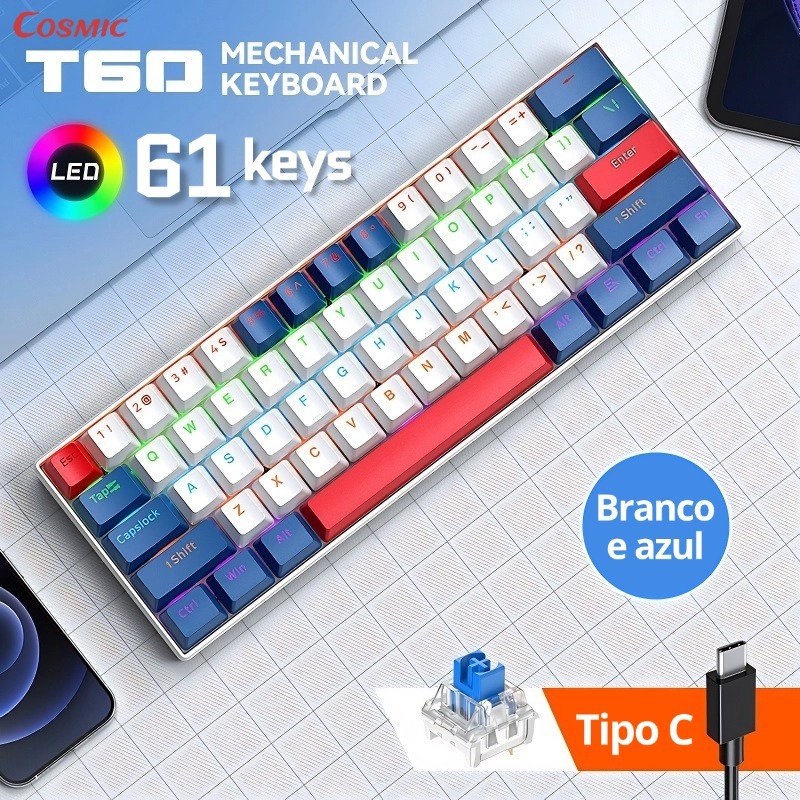 Teclado Mecânico 60 % Teclas Com Fio RGB Retroiluminado Para Jogos Blue Switch-CO