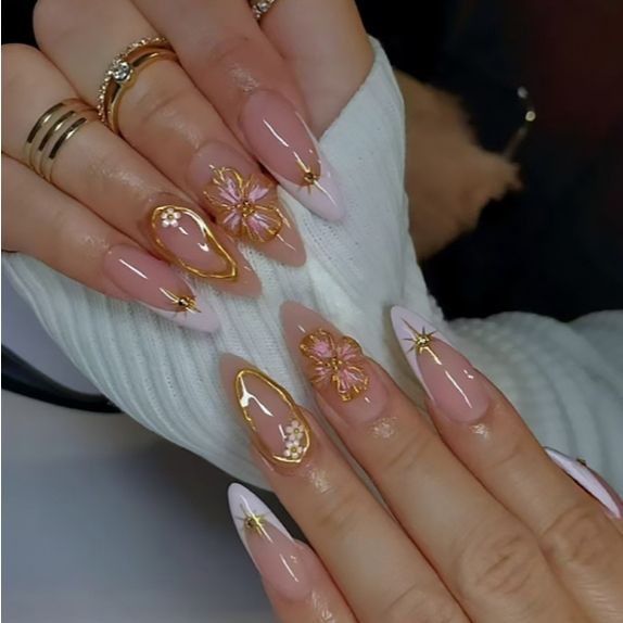3D Unhas postiças francesinha amendoada com cola De Pregos Falsos Pontiagudos florais 2024 em Oferta na Shopee