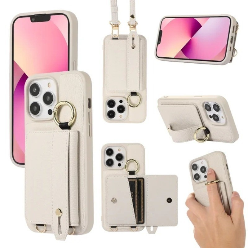 Luxo Litchi Couro Pulseira Titular Carteira Caso De Telefone Para IPhone 16 Pro Max 15 14 Plus 13 12 11 Cartão Solt Capa