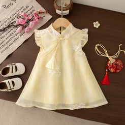 6 Meses-3 Anos De Idade Verão Novo Estilo De Vestido Fresco Para Meninas , Bordado De Flores Roupas Infantis Com Pingent
