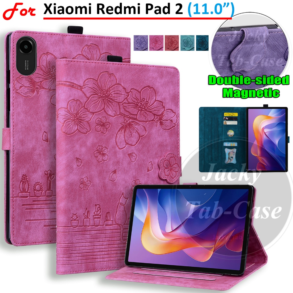 Para Xiaomi Redmi Pad 2 11 Polegada 2025 3D Flor De Cerejeira Gato Capa Magnético Flip Suporte