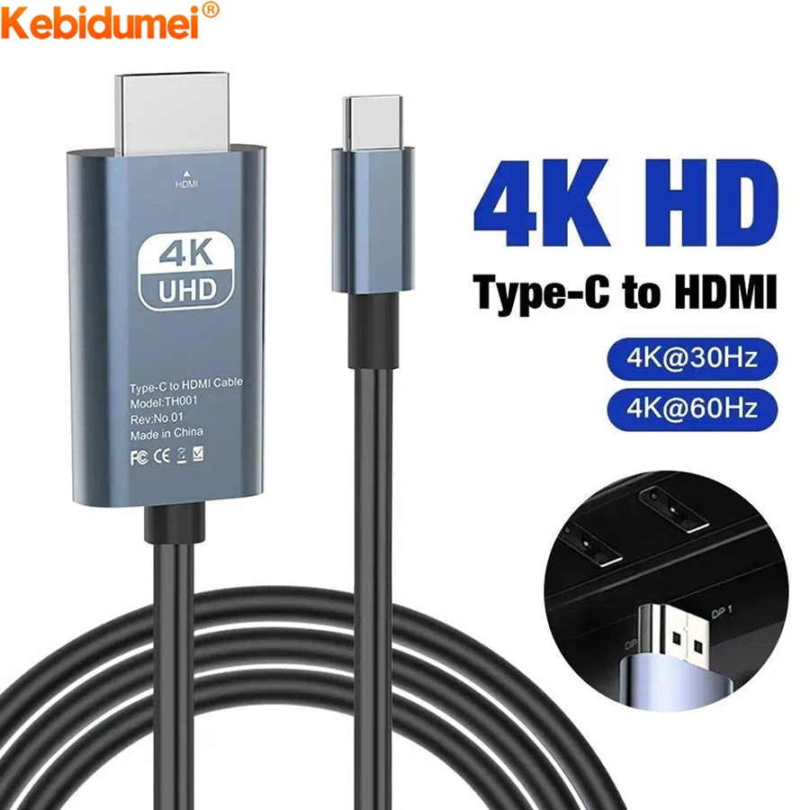 Cabo Adaptador Tipo-C para HDMI Compatível, Cabo Conversor USB C 4K 60Hz 30Hz para Projetor, PC, Laptop, Tablet