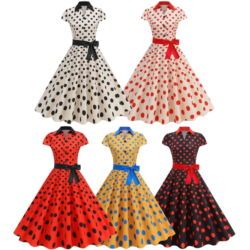 Vintage 1950s Retro Vestido Plissado Manga Curta Polka Dot Print Para Mulheres Elegante De Festa À Noite Baile Vestidos em Oferta na Shopee