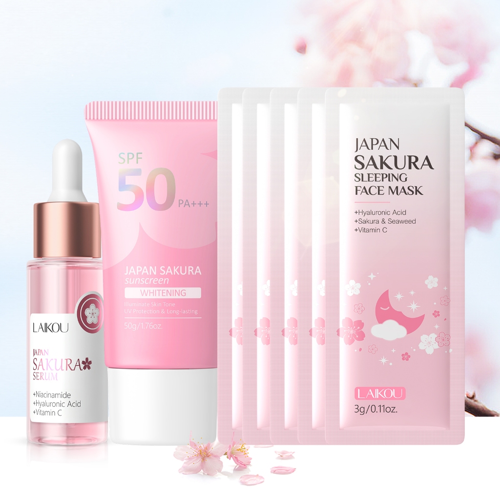 LAIKOU Sakura Daily Glow : Soro , Fps E Máscara Noturna Para Reparar Conjunto Nutritivo De Pele Radiante