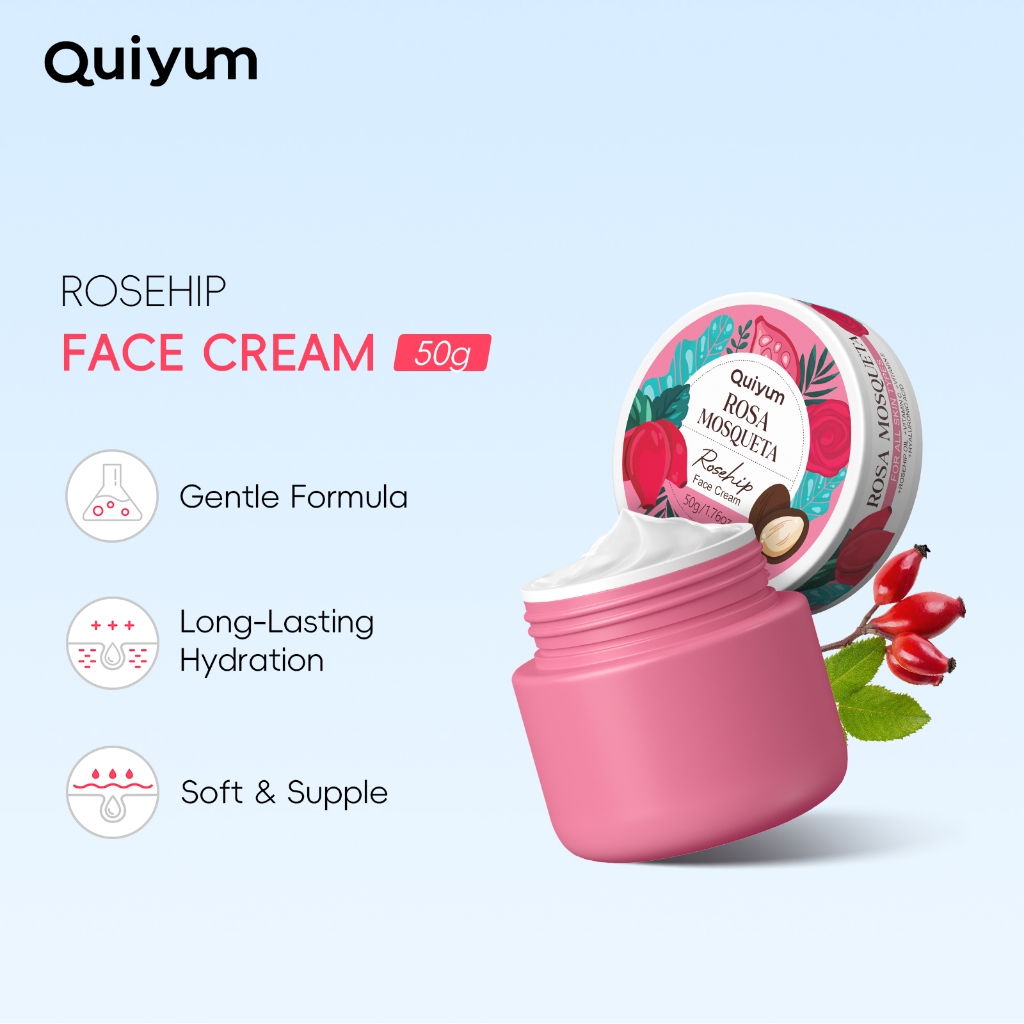 Creme Facial Pele De Porcelana QUIYUM 50g ROSA MOSQUETA Hidratante. Hidratação De Longa Duração
