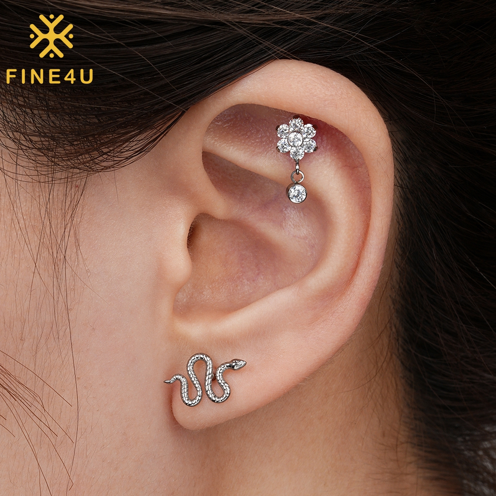 FINE4U 100% Titânio Cobra Orelha Trágus Hélix Conch Cartilagem Flat Hipoalergênica Joia