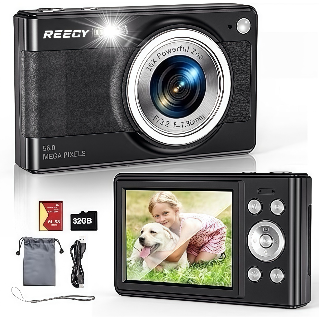 Câmera Digital HD 1080P | CCD de foco automático de 2.88 polegadas, recarregável, bateria substituível | Zoom 16X + 56MP em Oferta na Shopee