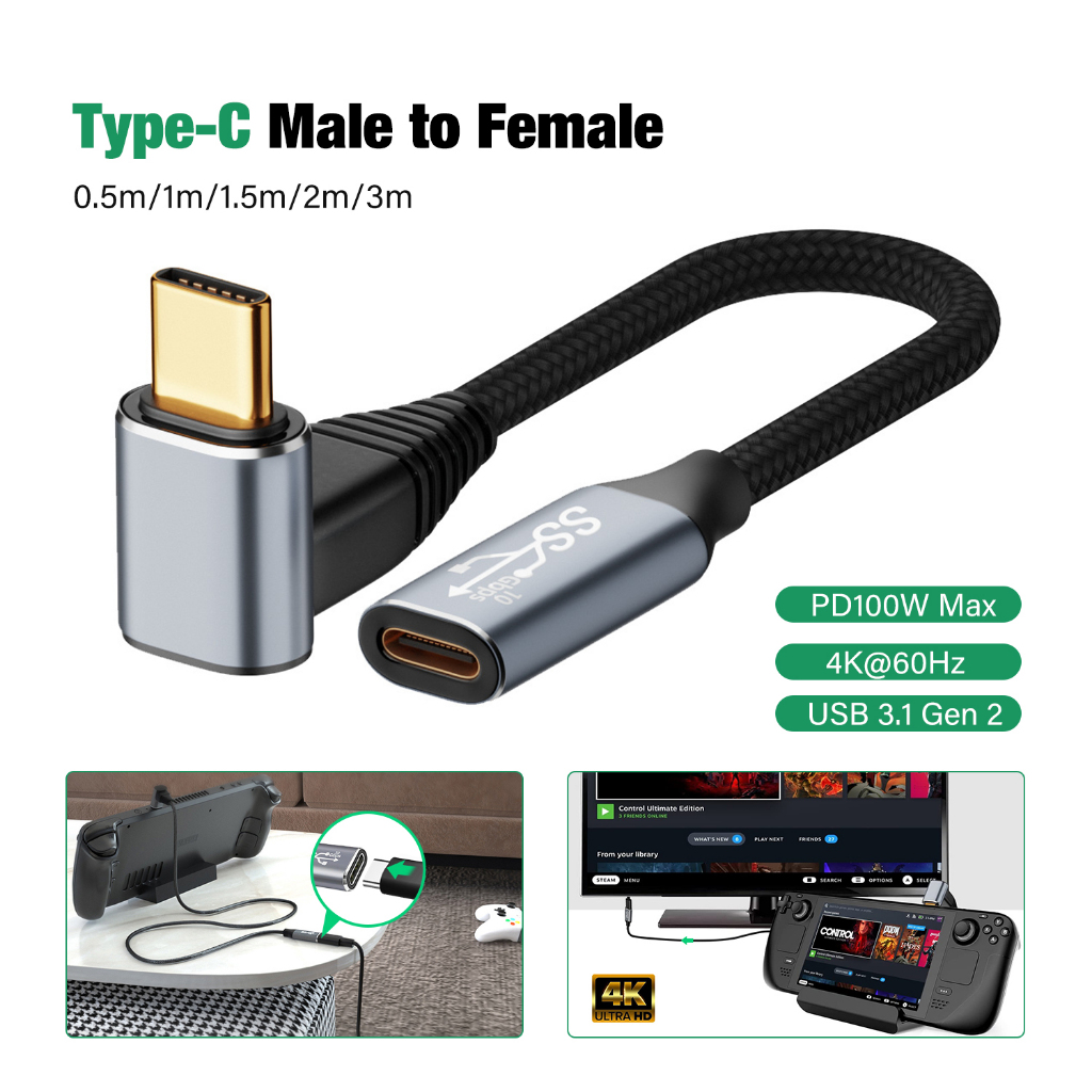 Cabo Extensão USB-C 90 Graus 100W, Carregamento Rápido e Dados 10 Gbps