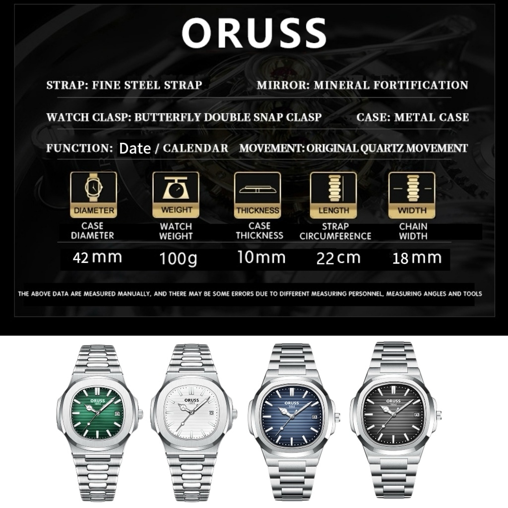 ORUSS Marca Original Masculino Luxo À Prova D 'Água de Aço Inoxidável Calendário Luminoso Relógio de Prata Moda Versão C — imagem 2 de 2