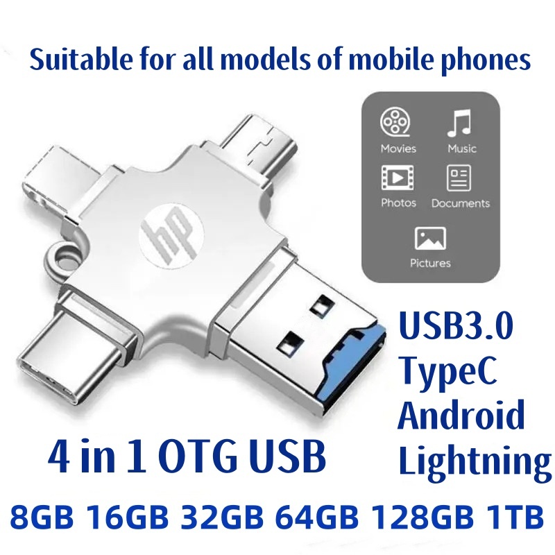 Pendrive HP 4 Em 1 OTG Unidade Flash USB De 1TB 8 16 32 64 128GB Universal Adequado Para iPhone Samsung Android Type C