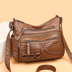 Bolsa Feminina Transversal Vintage De Couro Pu Macio Média Multipla Divisória