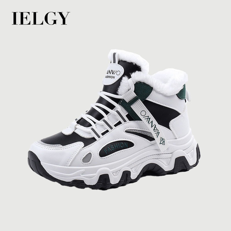IELGY Sapatos Brancos Femininos 2025 Novo Preto Versátil Painel De Couro De Lã De Inverno Tênis De Cano Alto - Women Shoes