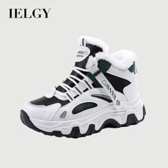 IELGY Sapatos Brancos Femininos 2026 Novo Preto Versátil Painel De Couro De Lã De Inverno Tênis De Cano Alto