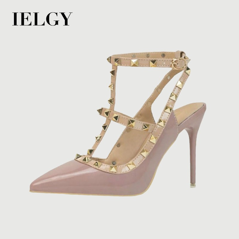 IELGY Salto Alto De Couro Envernizado 10 Cm stiletto Cor Sólida Tachas Ocas Sandálias Romanas Femininas em Oferta na Shopee
