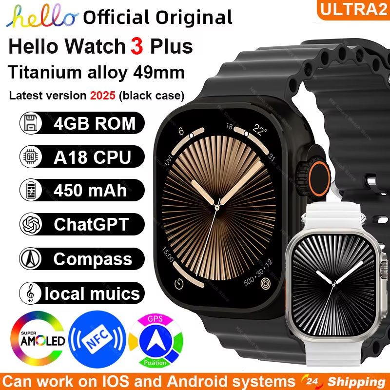 Novo Hello Watch 3 + 49mm AMOLED Smartwatch Modelos Esportivos 4GB ROM Para Venda De Álbum De Fotos De Música Local