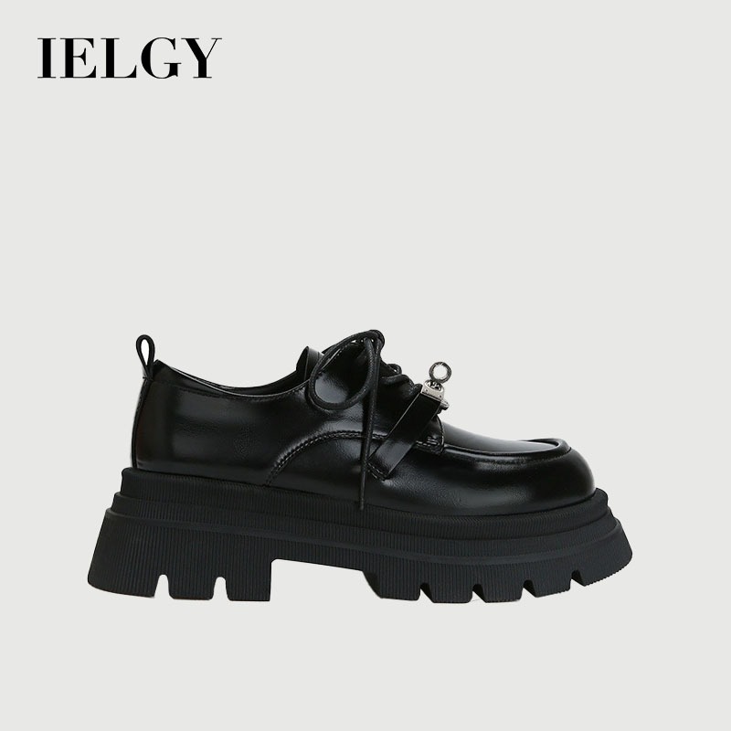 IELGY 2026 Novos Mocassins Pretos Femininos De Couro Com Sola Grossa E Fecho Redondo