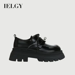 IELGY 2026 Novos Mocassins Pretos Femininos De Couro Com Sola Grossa E Fecho Redondo