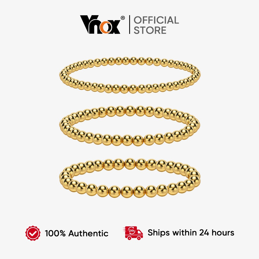 Vnox Men's E Women's Stainless Steel Luxury Round Beads De Aço Inoxidável , Pulseira Esticável Com Contas De Ouro 18K