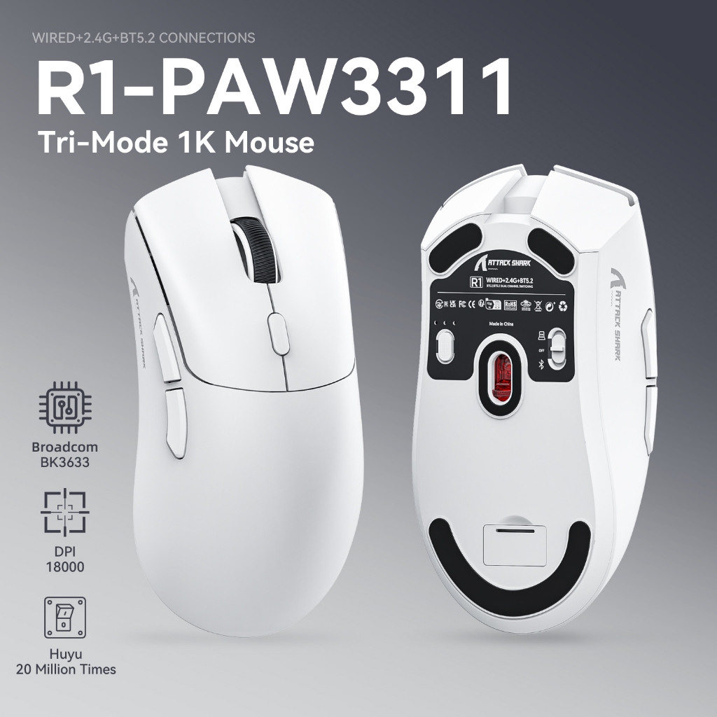 Attack Shark R1: Rato 59g Tri-Mode BT5.2/2.4G/USB-C, Sensor PAW3311 18K DPI/400IPS/40G, 65H Bateria em Oferta na Shopee
