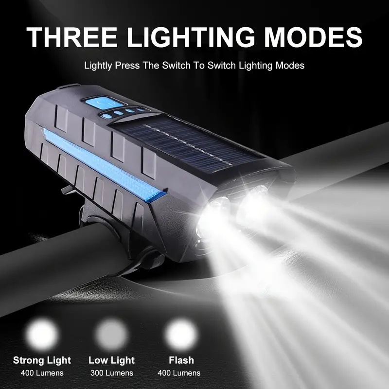 Kit Lanterna Bike Solar Com Buzina E Power Bank 12 Horas Recarregável À Prova D'Água Farol Bicicleta