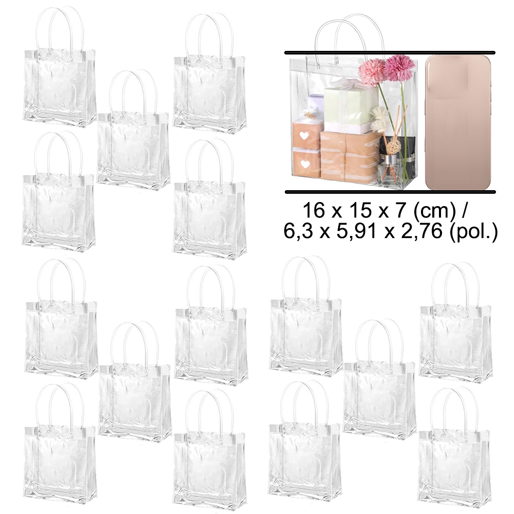 15 sacos de presente transparentes de 16 x 15 x 7 cm com alça, sacolas de plástico transparente, reutilizável PVC