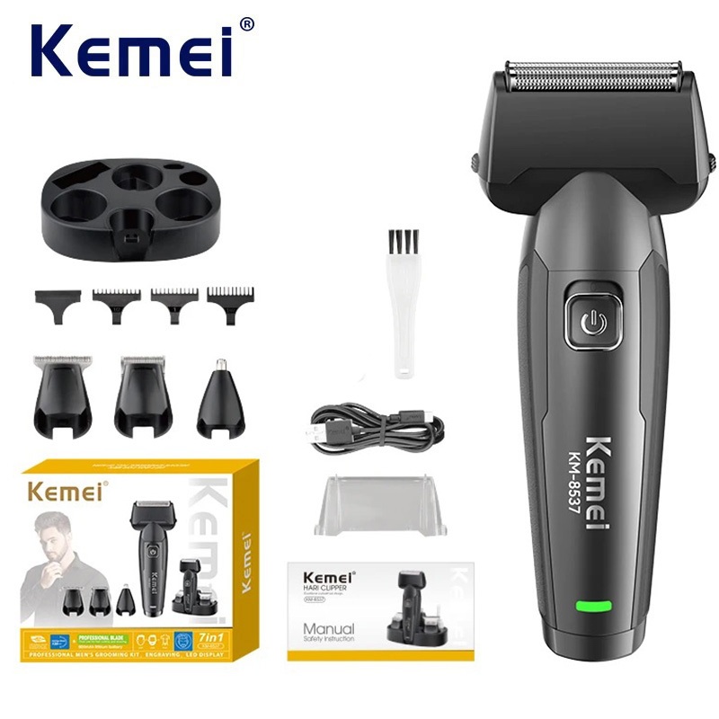 Kemei 4 em 1 Multifuncional Barbeador de Foil, Aparador de Pelos de Nariz e Orelha, Máquina de Cortar Cabelo Sem Fio,