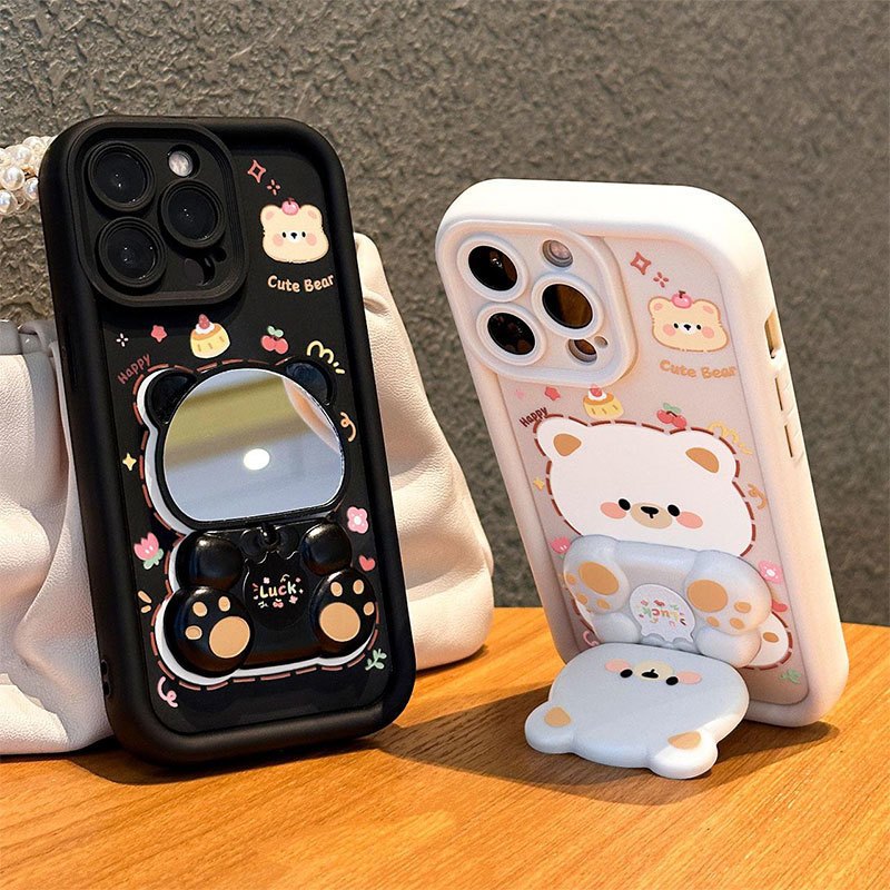 Para Samsung A17 A15 A16 A14 A13 A12 A22 A23 A32 A52 A54 A55 A56 A34 A57 A71 A51 A05S A06 A07 Pequeno Urso Espelho Caso 