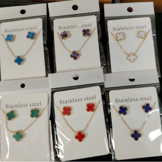 Aço inoxidável 18K ouro novo estilo cor sorte trevo de quatro folhas brincos colar conjunto de duas peças em Oferta na Shopee