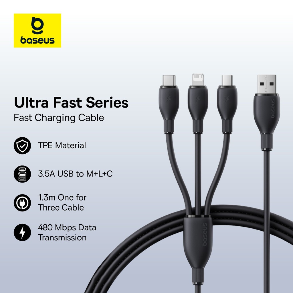 Baseus 3.5A Cabo De Carregamento Rápido Ultrarrápido Um Para Três USB-A M + L + C em Oferta na Shopee