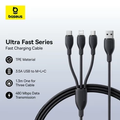 Baseus 3.5A Cabo De Carregamento Rápido Ultrarrápido Um Para Três USB-A M + L + C