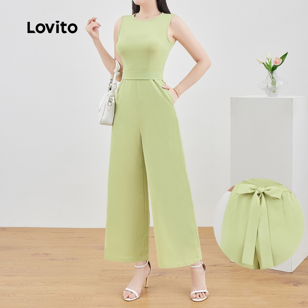 Lovito Macacão Casual Com Cadarço E Bolso Verão/Primavera Verde Claro Para Mulheres L134ED...