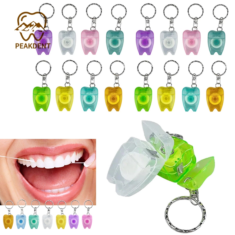 50/100 peças de palitos de fio dental em formato de dente chaveiro 2 em 1 fio dental para limpeza dos dentes presente od