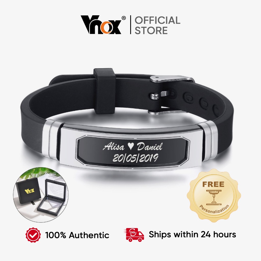 Vnox Marca Masculina Personalizado Nome Pulseira E Gravado Silicone Esportes Pulso ID Jóias em Oferta na Shopee