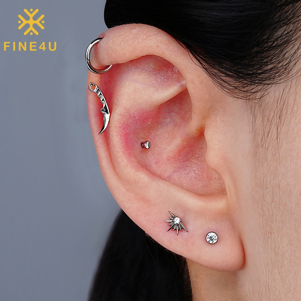 Detalhes do FINE4U Piercing Titânio 100% Mini Faca para Cartilagem Tragus Helix Brinco Lóbulo Hipoalergênica