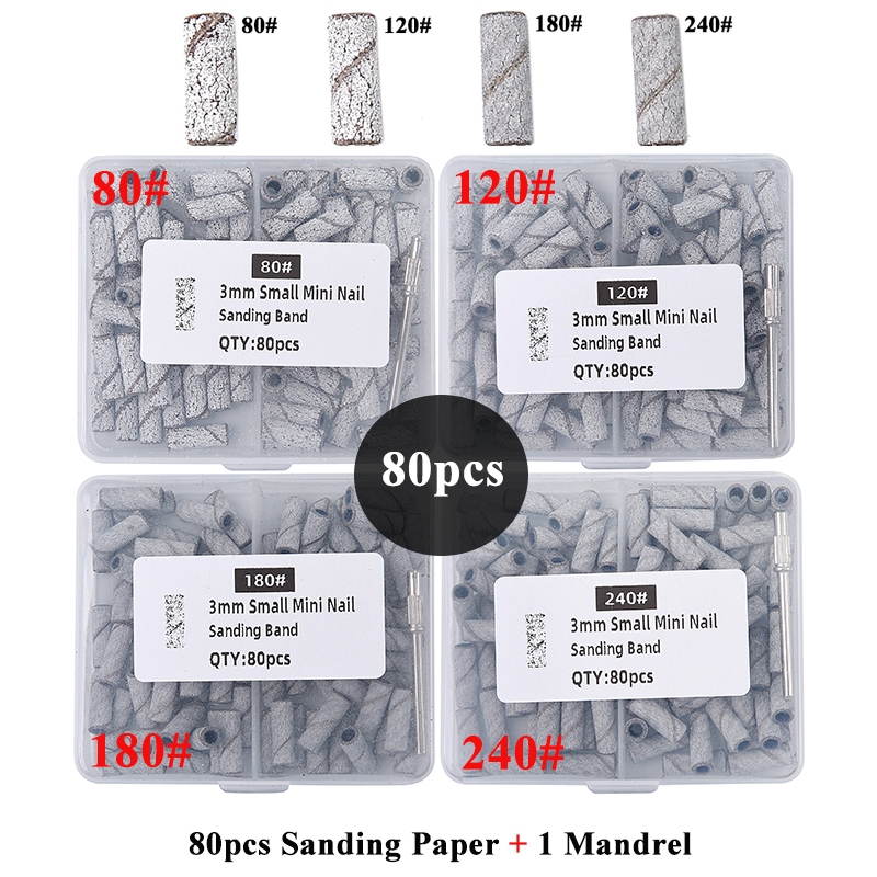 80 Peças 3mm Zebra Mini Faixas De Lixa Com 1 Peça De Eixo Unhas Tampa Anel Bandas Para Manicure Brocas De Mandril Acríli
